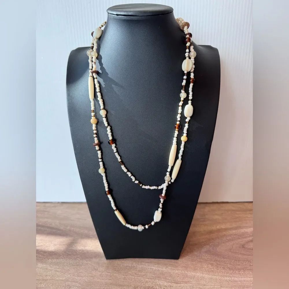 Glass Beaded Necklace Brown & Cream Colors Long Flapper Necklace Beachy Boho